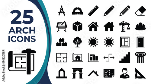 A collection of 25 architectural icons and design tools is displayed.