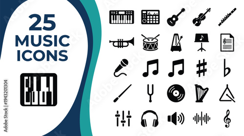 A collection of 25 music icons represents various instruments and symbols.