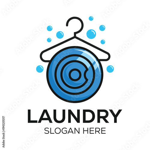 Clean Laundry Service Emblem Hanger Symbol Concentric Circles Blue Bubbles Logo Design