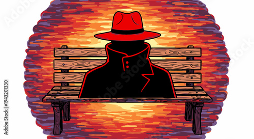 Mysterious figure in a red hat and trench coat sits on a park bench against a vibrant sunset, symbolizing secrets and intrigue.