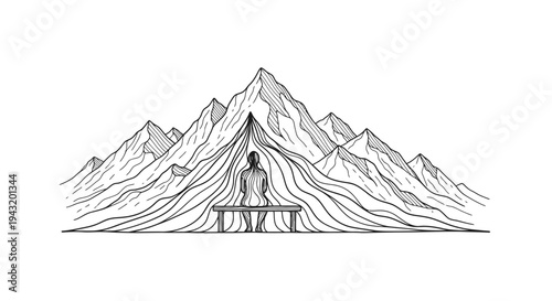 Person sitting on bench under mountain range, contemplating nature and solitude, minimalist line art illustration