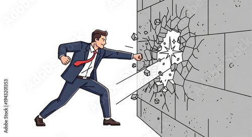 Businessman Breaking Through Concrete Wall.