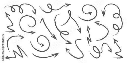 Arrow drawn hand vector line icon set. Hand drawn brush chalk stroke arrow curve, thin pencil scribble shape with vintage charcoal crayon texture. Doodle up down arrow symbol. Vector illustration