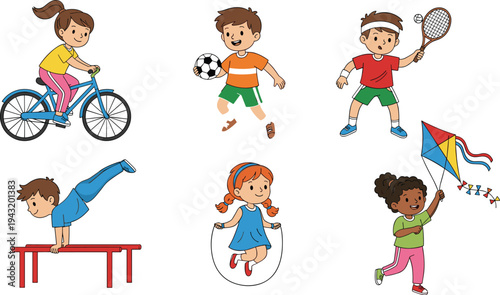 Cartoon children playing outdoor sports, cycling, soccer, tennis, gymnastics, skipping rope, kite flying, fun active lifestyle illustration concept