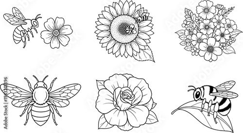Collection of line art bees and various flowers, perfect for coloring pages and designs