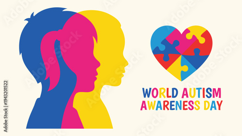 World Autism Awareness Day Banner with Child Silhouettes and Heart
