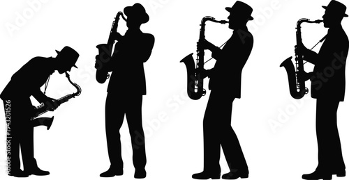 Black silhouette of a professional male jazz musician wearing a hat and suit playing the saxophone in four different standing poses on white background.