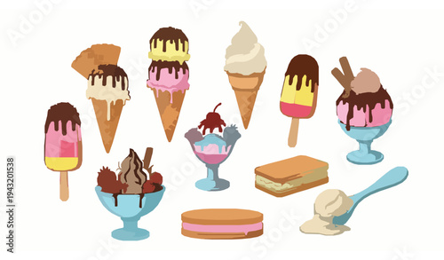 Premium detailed ice cream dessert vector set with cones popsicles gelato and sundae sweets isolated on white background EPS 10