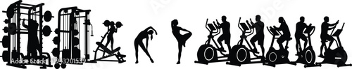 Gym activity silhouette illustration, fitness training artwork, strength exercise stretching cardio workout vector, black and white design, healthy lifestyle sport drawing