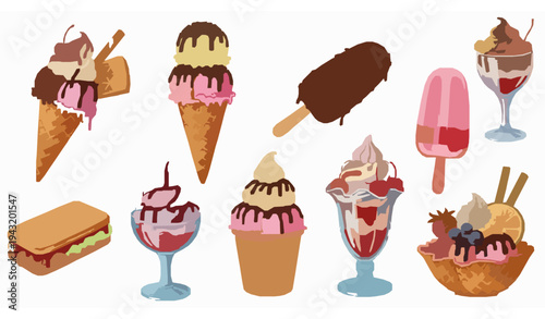 Detailed ice cream dessert collection with waffle cone popsicle sundae and frozen treats vector illustration isolated on white background EPS 10