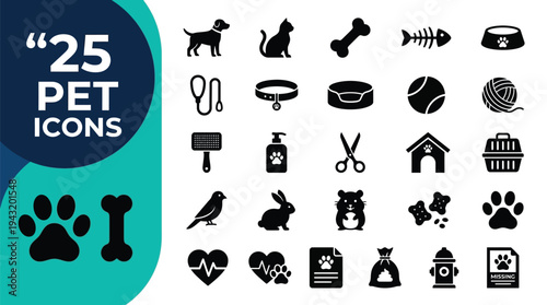 A collection of 25 pet-related icons and graphics.