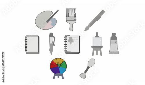 Vintage style detailed art icon set with creative tools palette brush pencil and easel engraving vector isolated on white background