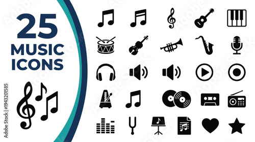 A collection of 25 music icons representing various instruments and audio elements.