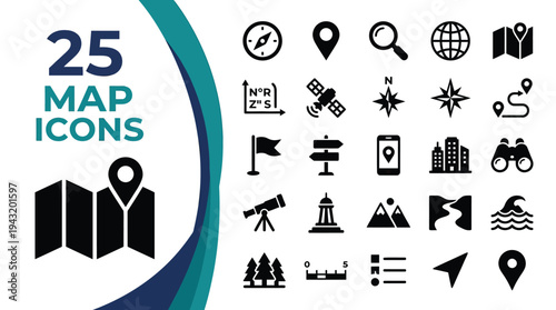 Collection of 25 map and navigation icons on a white background.