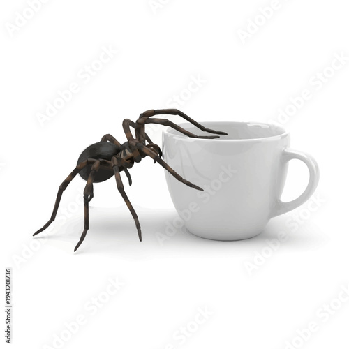 Realistic 3D illustration of a large spider interacting with a white coffee cup, perfect for unsettling surprises, creepy concepts, or a humorous prank design