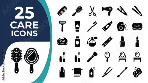A collection of icons representing personal care and beauty products.