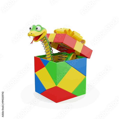 Surprise Jack-in-the-box snake popping out of a colorful gift box with a playful expression, perfect for parties and celebrations