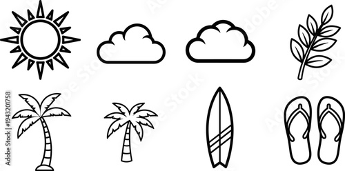Collection of summer vacation icons including sun, clouds, palm trees, surfboard, and flip-flops