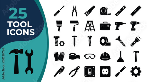 Collection of 25 diverse tool icons for various projects and repairs