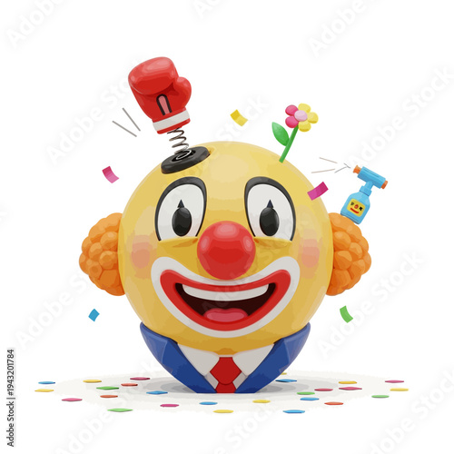 Playful 3D render of a happy clown with a boxing glove popping out of its head, surrounded by confetti and festive elements
