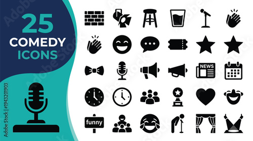 A collection of 25 icons representing comedy and entertainment elements.
