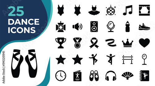 Collection of 25 dance-related icons and ballet slippers on a blue background.