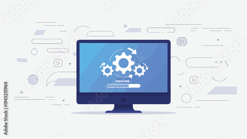 A modern desktop computer monitor displays a software update message with gears and a progress bar