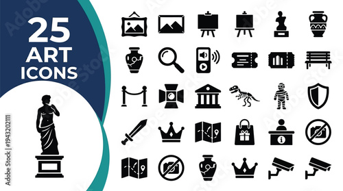 A collection of 25 art icons representing museum exhibits and security features.