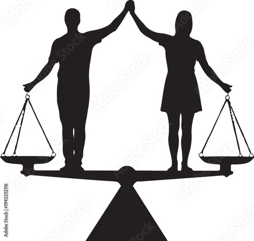 Male and female silhouettes balancing on scales balance