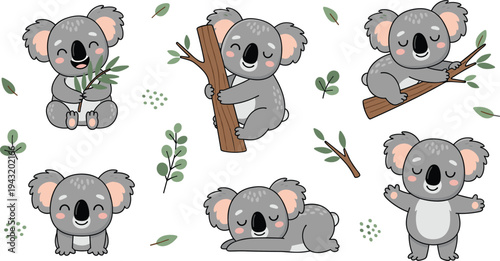 Cute Koala Cartoon Vector Set Featuring Adorable Baby Koalas Sitting, Sleeping, Hugging Tree Branches and Eating Leaves with Australian Nature Elements.