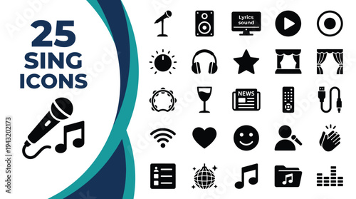 Collection of 25 icons related to music and entertainment for design.