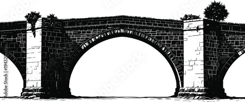 Historic stone arch bridge silhouette, detailed masonry vector illustration, architectural artwork with vegetation, black and white design, old bridge structure, nature and architecture decor