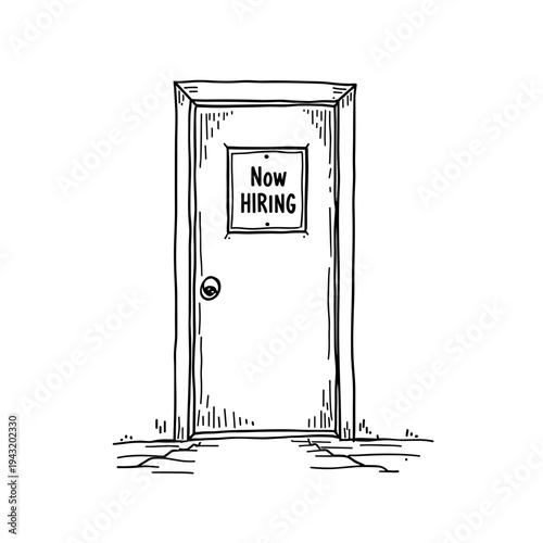 Door with now hiring sign in simple hand-drawn style  