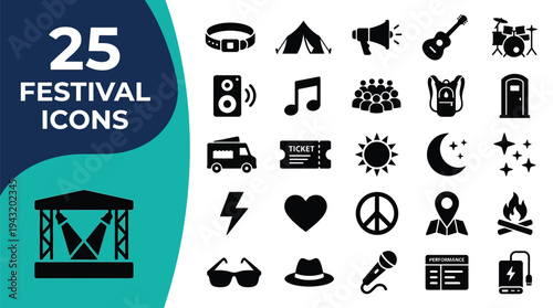 A collection of 25 festival icons for event planning and promotion.