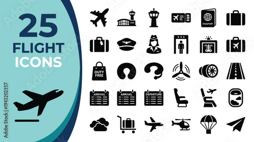 A collection of 25 flight and travel icons are displayed on a white background.