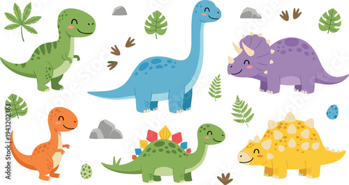 Cute Cartoon Dinosaur Vector Collection Featuring Tyrannosaurus, Brachiosaurus, Triceratops, Stegosaurus, Ankylosaurus and Baby Dinosaurs with Tropical Leaves, Rocks and Prehistoric Nature Elements.