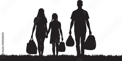 Silhouette of family walking with bags on grass parents