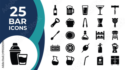A collection of 25 bar icons illustrating various bar tools and drinks.