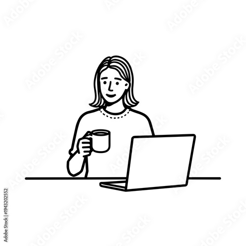 Young woman smiling while holding a cup and using a laptop  