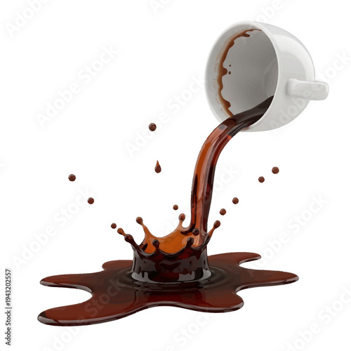 A white cup spills dark coffee, creating a splash and drops in this dynamic 3D render