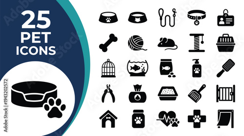 A collection of 25 pet-related icons showcasing various animal care items.