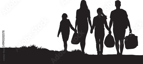 Silhouette of family walking with bags on grassy ground