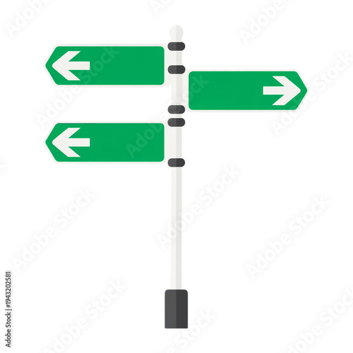 Green street direction signpost with three arrows pointing left and right on white pole