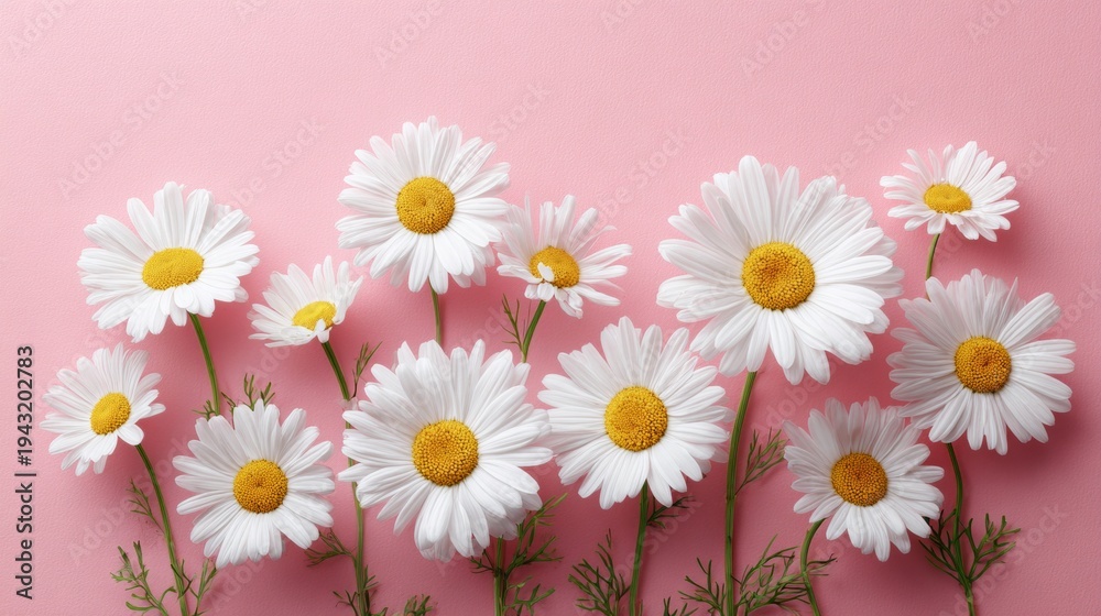 Fototapeta premium Spring's subtle symphony: chamomile in blush harmony. Studio shot. Floral harmony with a touch of green on a blush canvas. Clean layout. Clear focus.