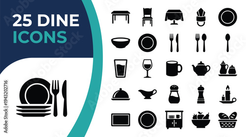 A collection of 25 simple silhouette icons related to dining and food preparation.