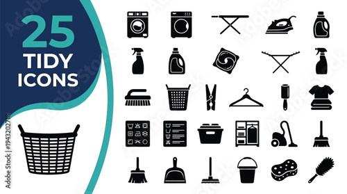 A collection of 25 tidy icons representing laundry and cleaning supplies.