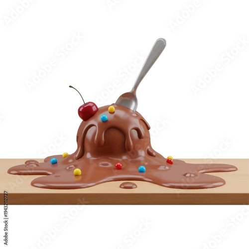 A delightful 3D illustration of a melting chocolate ice cream scoop topped with a cherry and sprinkles, served on a wooden surface