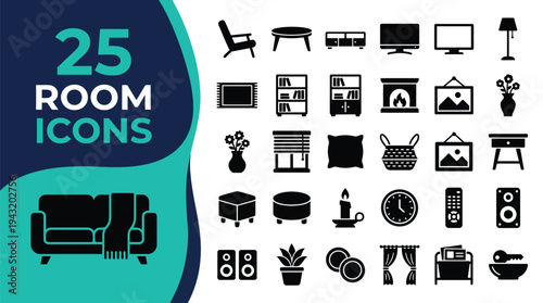 A collection of 25 room icons for interior design and home decor.