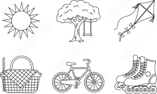 Collection of outdoor activity icons: sun, tree with swing, kite, picnic basket, bicycle, and roller skates