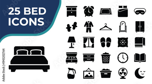 Collection of 25 bed and bedroom related icons for design purposes.